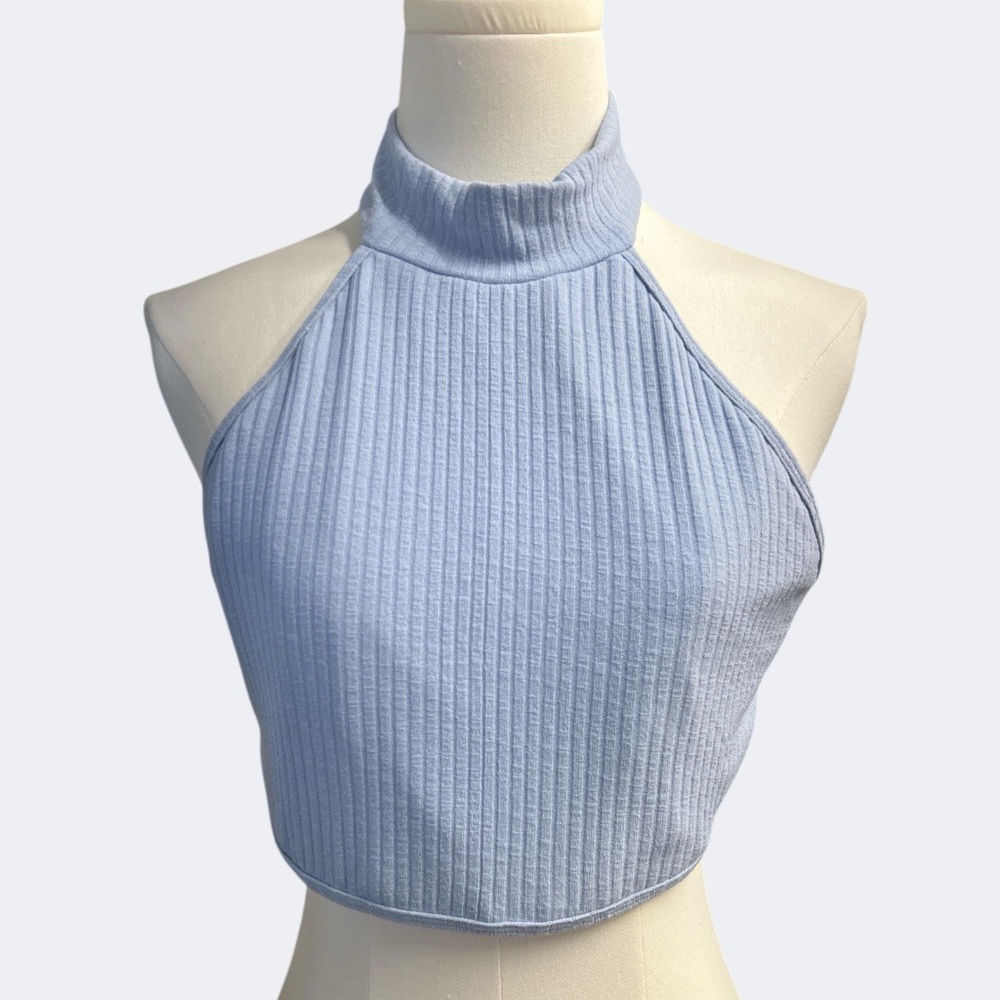 Free People Movement Crop Top Large Blue Lined Halter Ribbed Activewear Casual